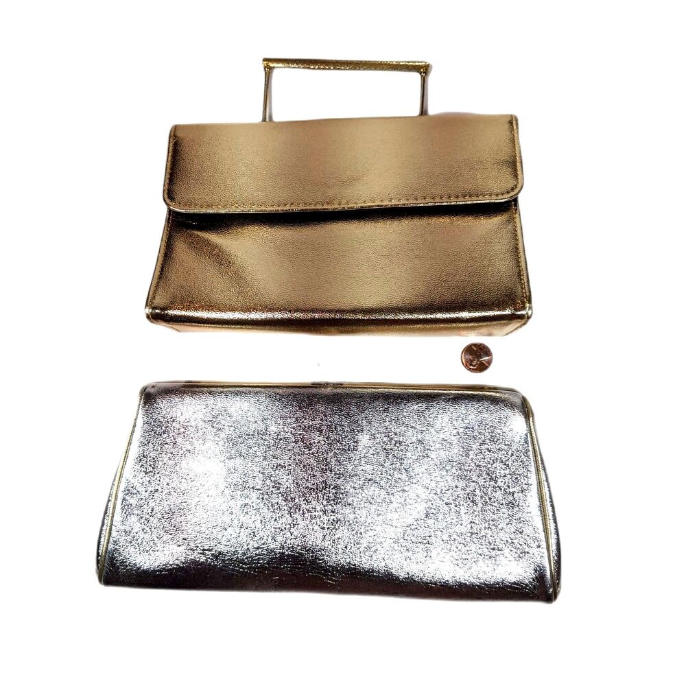 2 Vintage Purse Metallic Gold Silver Lame Convertible Clutch Evening Bag 1960s